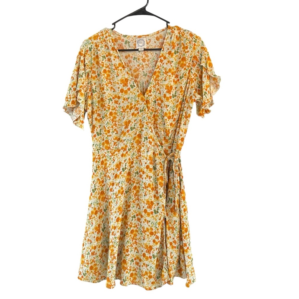 Francesca's Blue Rain yellow floral wrap mini dress casual bohemian size large